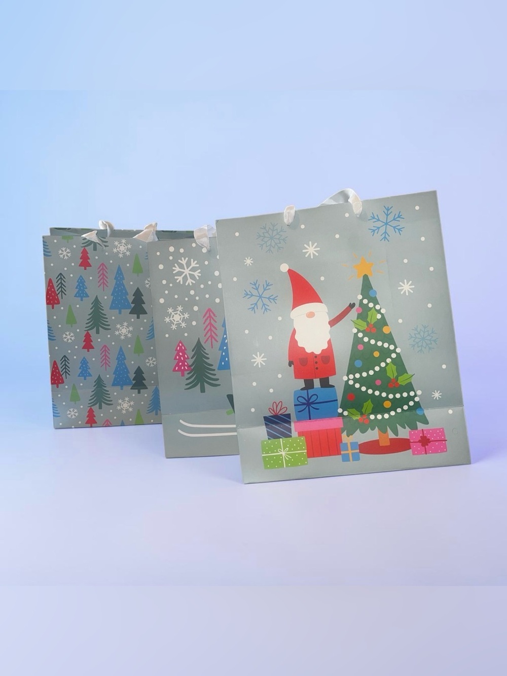 Holiday Gift Bags with Santa & Tree - Blue and Green 3 Pc Set - Picture 5 of 16